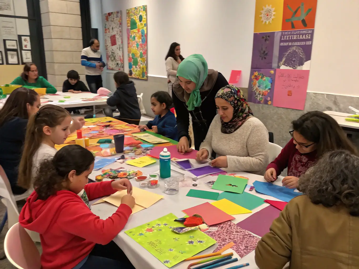 A vibrant image of community members participating in an art workshop, with colorful paintings and engaged participants, showcasing the Cultural and Artistic Programs offered by MJC Montluçon.