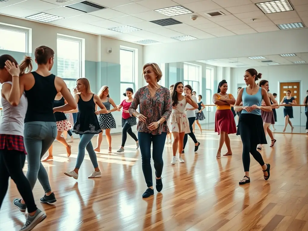 A dynamic image of a dance class in session at MJC Montluçon, with participants of all ages enjoying the rhythm and movement.