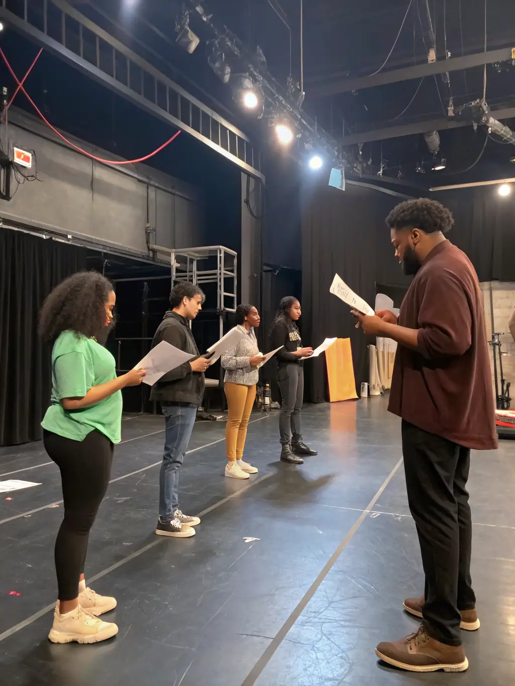 A captivating image of a theater group rehearsing a play at the MJC, highlighting collaboration and performance.